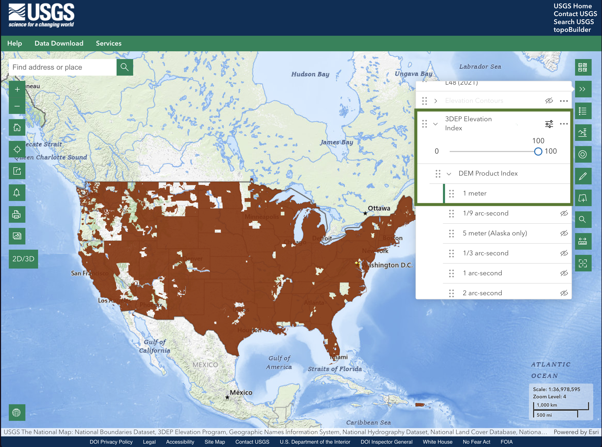 USGS 1m DEM Coverage Map showing extensive coverage across continental US